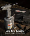 Heavy Duty Rivet Gun Packing 3690 Lbs Of Raw Pulling Power Sets 3 16 And 1 4 Inch Blind Rivets with a forged aluminum handle.