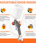 Adjustable knobs on HVLP spray gun kit for fan, fluid, and air adjustments for precise automotive refinishing.