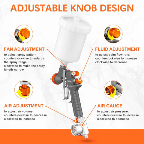 Adjustable knobs on HVLP spray gun kit for fan, fluid, and air adjustments for precise automotive refinishing.