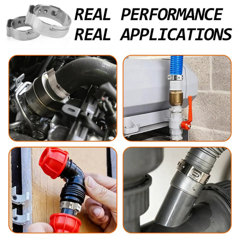 130 Piece Stainless Steel Single Ear Hose Clamps Pack For Three Quarter Inch PEX Tubing Fittings And Pipe Connections Ideal For DIY Home Plumbing Projects Pro Grade Durable Corrosion Resistant 304 Stainless With Handy Storage Box, showing multiple hose clamp applications and uses.