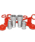 Two Sets Of 1/4 ISO 5675 Hydraulic Quick Connect Couplers With 1/4 NPT Threads, Hardened Steel, displayed with red seals