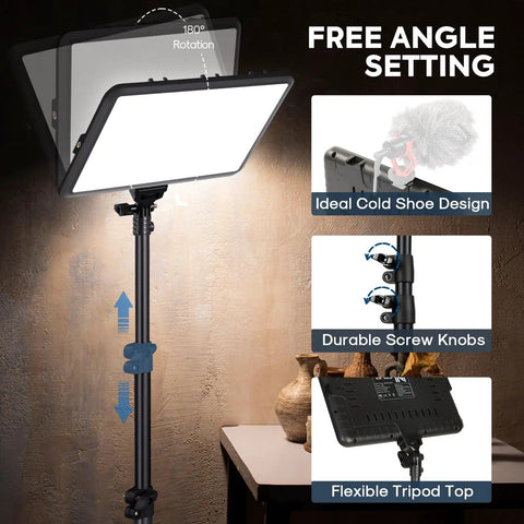 2-Pack 25W LED Video Lighting Kit with dimmable studio lights showing adjustable tripod and cold shoe design
