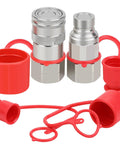 ANCIMOON 3/4 in NPT skid steer hydraulic couplers with Bobcat flat-face quick-connect fittings and two red dust covers.