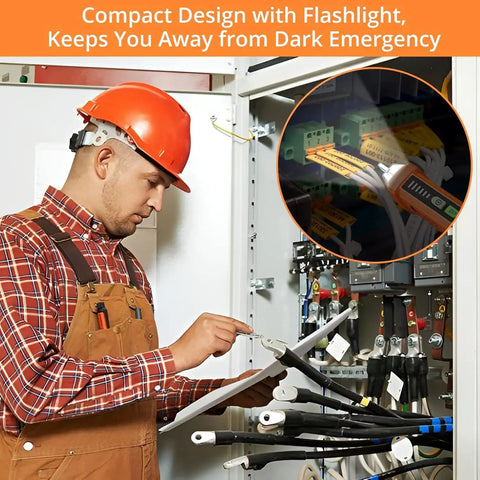 Electrician using Non Contact AC Voltage Tester Pen 12 To 1000V with LED Flashlight in control panel for safe voltage check