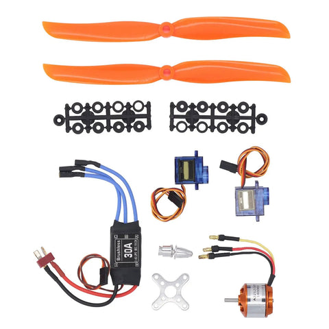 A2212 1400KV Brushless RC Plane Motor Kit with 30A ESC, SG90 Servos, orange propellers, parts layout.