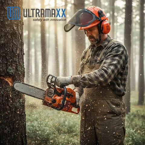 Man using chainsaw wearing Pro-Grade All-In-One Six-In-One Chainsaw Helmet Kit With Mesh Face Shield And Earmuff Hearing Protection