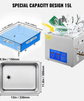 15L Ultrasonic Cleaner With Digital Timer And Heater, 40kHz Pro Grade Cleaning Machine, showing dimensions and interior view.