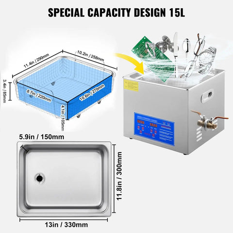 15L Ultrasonic Cleaner With Digital Timer And Heater, 40kHz Pro Grade Cleaning Machine, showing dimensions and interior view.