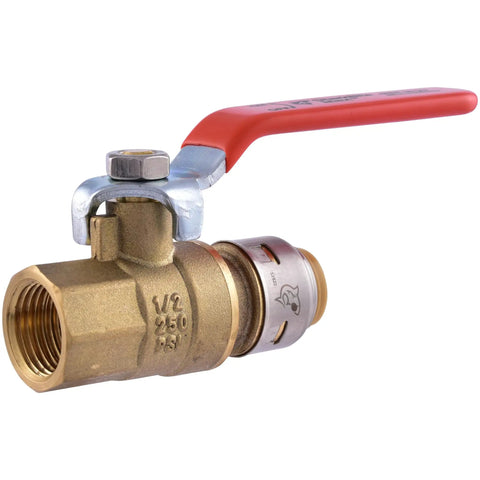 Max One Half Inch By One Half Inch Ball Valve With FNPT Connector Push To Connect Brass Plumbing Fitting For PEX Copper CPVC PE-RT HDPE SDR-9 Pipes UR22182A Easy Quick Install No Solder Or Glue Needed