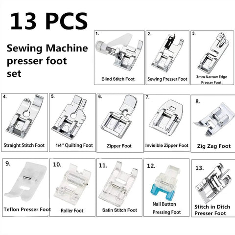 Fbshicung 13Pcs presser feet set for household sewing machines; display of 13 metal presser feet with various types.