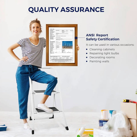 Person standing on Heavy Duty Steel 2 Step Stool Ladder With Grab Handle Portable Folding Step Ladder Anti Slip Wide Pedal Lightweight Compact For Kitchen And Home ANSI A14.11 Certified Sturdy Durable White, holding safety certificate with tools around.