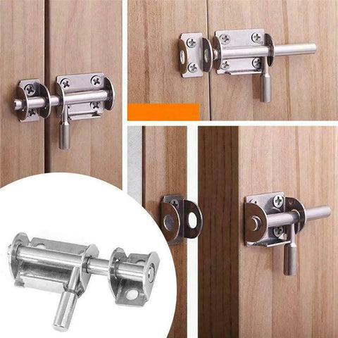 Solid Stainless Steel Spring Bolt Door Lock Sliding Latch for Bathroom Gate on wooden doors, showcasing latch design and installation.