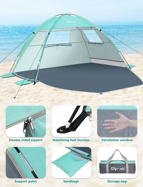 Beach Day Ready Sun Shelter For Three People With UPF Fifty Plus UV Protection Lightweight Easy Setup Shade Canopy With Vent Windows