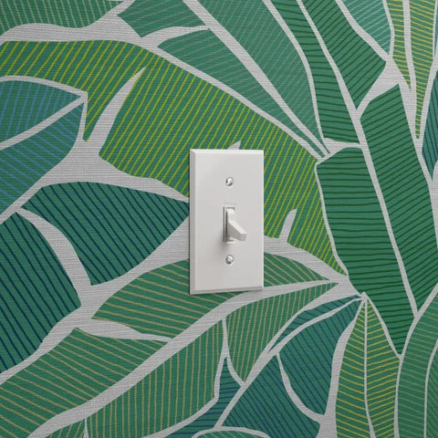Heavy Duty Tropical Leaf Exotic Textured Vinyl Wallpaper with slick leather finish, green pattern and light switch, 2 x 27 ft.