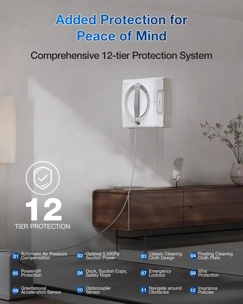Winbot W2 Pro Omni Window Cleaning Robot With All In One Multi Functional Station installed on glass with 12-level protection system.