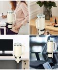 Heavy Duty Desk Cup Holder With Secure Clip For Tumbler And Mug Keep Your Brew Locked Tight And No Mess On Any Workspace Game Changer For Daily Grind Office Setup, shown in use at a desk, mounted on various surfaces, accommodating large mugs.