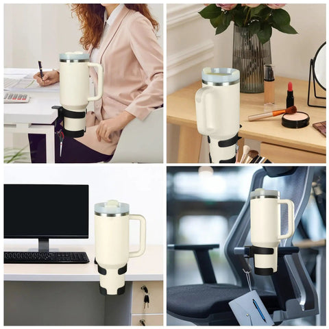 Heavy Duty Desk Cup Holder With Secure Clip For Tumbler And Mug Keep Your Brew Locked Tight And No Mess On Any Workspace Game Changer For Daily Grind Office Setup, shown in use at a desk, mounted on various surfaces, accommodating large mugs.