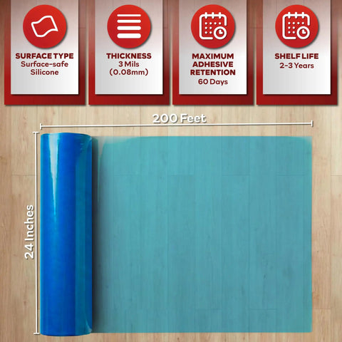 Blue Self Adhesive Floor Protection Film Roll 24 Inch By 200 Foot, 3 Mil Thick, rolled out showing size and features.