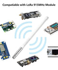 Waterproof 5.8dBi 915MHz Fiberglass Antenna With 20Ft Extension Cable surrounded by Heltec and Meshtastic LoRa32 modules