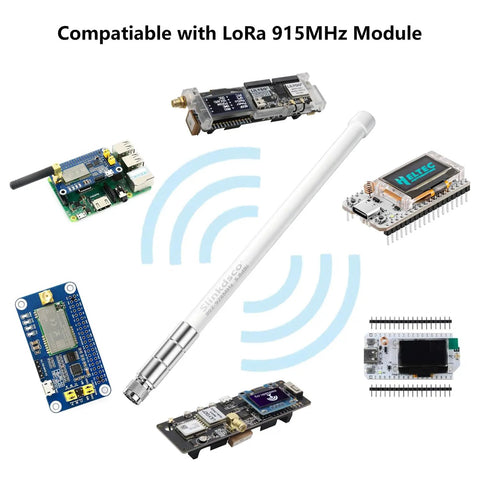 Waterproof 5.8dBi 915MHz Fiberglass Antenna With 20Ft Extension Cable surrounded by Heltec and Meshtastic LoRa32 modules