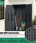 Heavy Duty Tall Outdoor Storage Cabinet 28 Cu Ft Garage Organizer With 4 Adjustable Shelves Lockable Double Doors in use showing potting mix and tools.