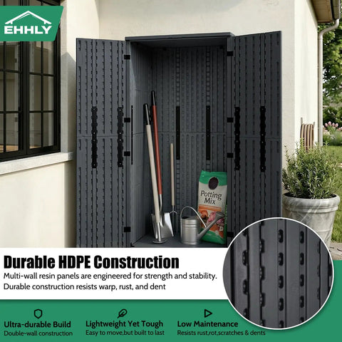 Heavy Duty Tall Outdoor Storage Cabinet 28 Cu Ft Garage Organizer With 4 Adjustable Shelves Lockable Double Doors in use showing potting mix and tools.
