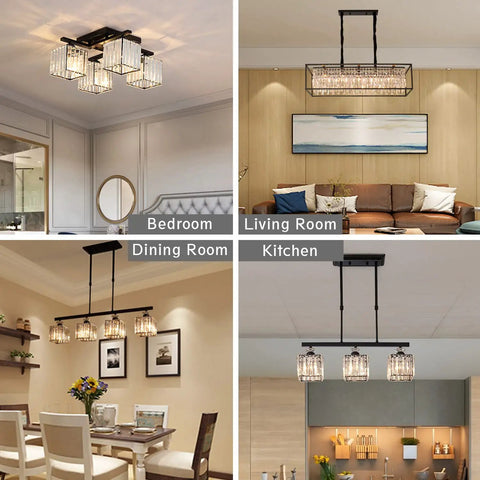 4 Light Crystal Ceiling Pendant Fixture with Adjustable Height Square Modern Chandelier E26 Base in various room settings