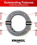 22 AWG 4 Conductor Shielded Cable UL2464 coiled with features highlighted, gray, for CNC machines and motors, KWANGIL Korea.