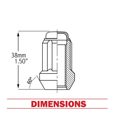 Diagram of 20 Pcs Short Truck Lug Nuts M14x1.5 1.50 Inch Long showing dimensions and design details.