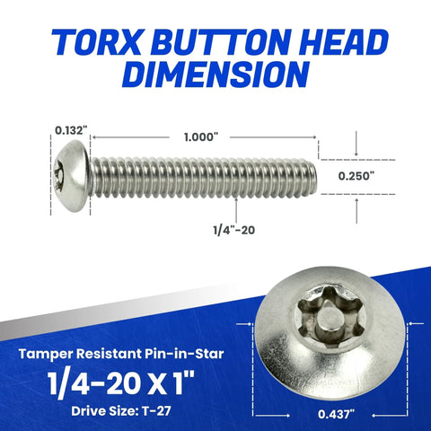 Side view of stainless steel Torx button-head machine screw, 1/4-20 x 1 in, tamper-resistant, drive size T-27.
