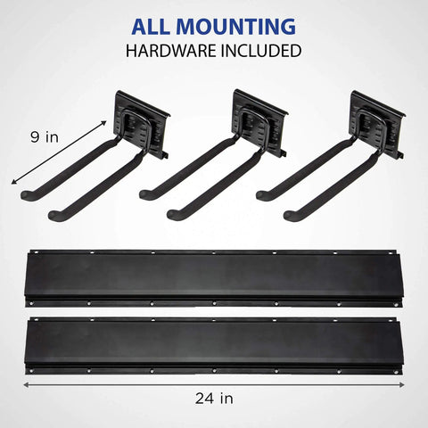 Components of Chair Storage Rack Wall Mounted Organizer And Hanger System For Home And Garage Heavy Duty Steel, with dimensions.