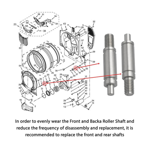 Professional Grade Dryer Drum Roller Shaft Kit with detailed diagram showing front and back roller shafts for Whirlpool Kenmore Sears.