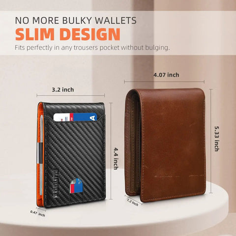 Slim Leather Money Clip Wallet For Men With RFID Blocking Front Pocket Bifold Card Holder Gift Box Included displayed on table