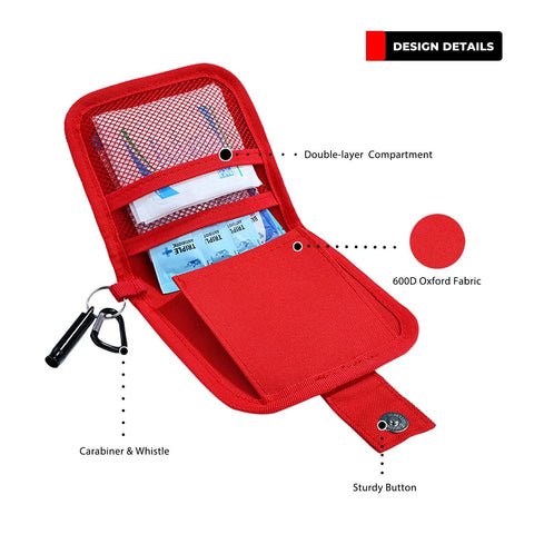 Red Benelinemed mini first aid kit with mesh inner pocket, double-layer compartment, carabiner and whistle