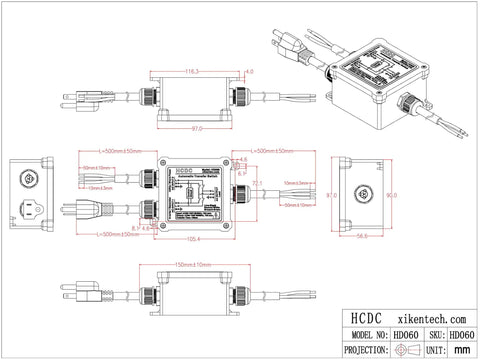 Technical diagram of 15 Amp 120V Automatic Transfer Switch ATS Inline Relay for Home Backup Power with dimensions and NEMA 5-15P core wires.