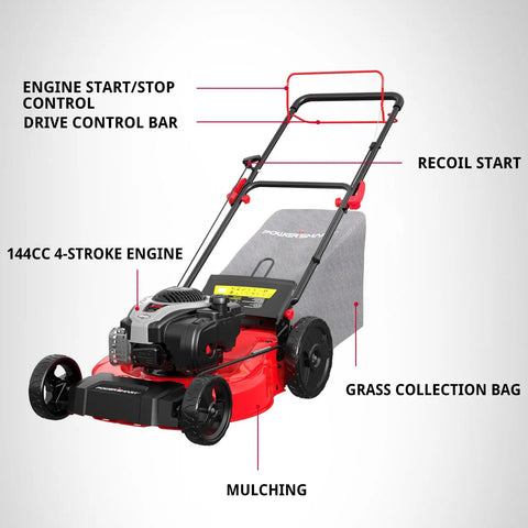 21 Inch Self Propelled Gas Lawn Mower With 140cc Briggs And Stratton Engine, 3 In 1 Mulch Bag Side Discharge, Six Cutting Heights, Durable Steel Deck, Rear Wheel Drive, ReadyStart For Easy Starts, 144cc engine and grass bag