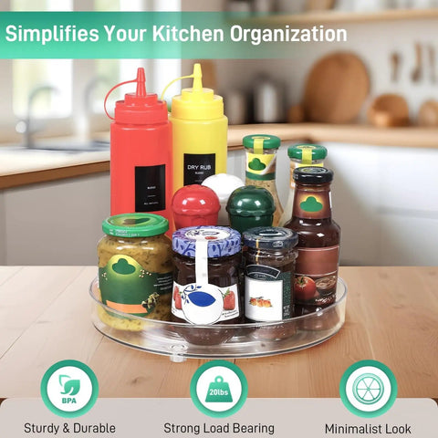 Four Pack Slick 9.5 Inch Lazy Susan Turntable Organizer holding jars and condiments for kitchen cabinet pantry storage.