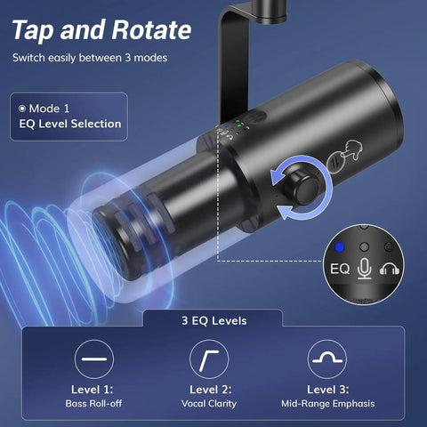 Dynamic Podcast Microphone For Studio With Cardioid XLR USB Outputs AI Noise Reduction Tap To Mute Three Point Five Millimeter Headphone Monitor Jack And Volume Control Boom Arm Included Black TD510 Air H Plus showing EQ level selection and sound waves