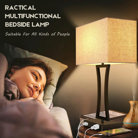 Woman relaxing with Set of 2 Touch Control Table Lamps With 3 Way Dimmable Lighting USB Ports for Quick Charging Cream Fabric Shade