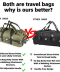 80L olive-green rolling duffel bag with wheels and adjustable handle beside a black rolling duffel bag.