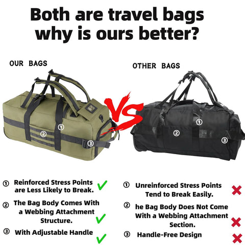 80L olive-green rolling duffel bag with wheels and adjustable handle beside a black rolling duffel bag.
