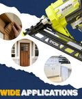 Pro Grade Galvanized Finish Nails Bulk Pack With Rust Resistant Coating For Heavy Duty Woodworking 34 Degree Angled Design Fits Standard Nailers 900 Piece Mix on a Ryobi nail gun showing various woodworking applications.