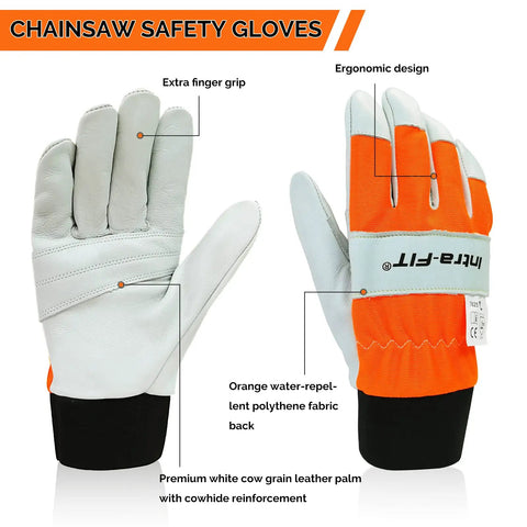 Chainsaw Protection Gloves For Left Hand Back, Cut Resistant EN ISO 11393-4 Class 0, Cow Leather Palm, Rugged Work Gloves with orange back