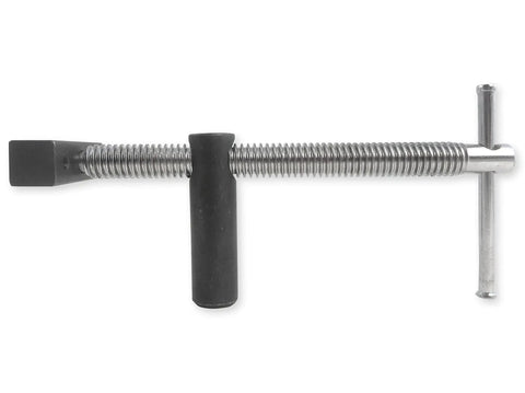 Adjustable Inline Bench Dog Screw Clamp for three quarter inch holes with full five inch travel, metal screw design, top view