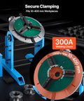 Heavy Duty Rotary Welding Positioner 661 Lbs Load Capacity, Electric Turntable With Foot Pedal Speed Control Tilt Table image showing secure clamping for 10-400 mm workpieces.