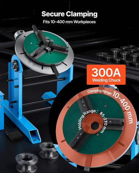Heavy Duty Rotary Welding Positioner 661 Lbs Load Capacity, Electric Turntable With Foot Pedal Speed Control Tilt Table image showing secure clamping for 10-400 mm workpieces.
