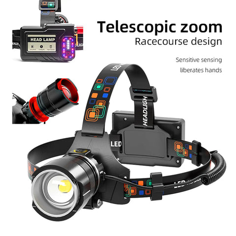 Beast Mode 90000 Lumen Rechargeable Headlamp with Zoomable Beam on black and colorful head strap showcasing telescopic zoom feature.