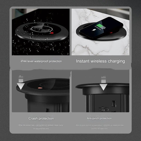 Waterproof Pop Up Power Strip With Smart Lifting Mechanism For Desk And Kitchen features IP44 waterproof protection and wireless charging.