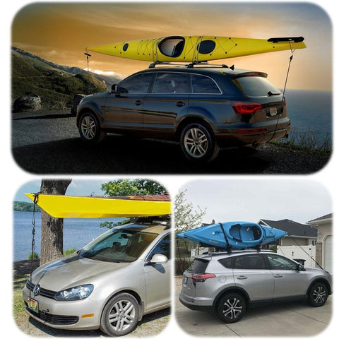 Heavy Duty Kayak And Canoe Tie Down Straps With Ratchet Pulley Rope Hanger securing kayak on SUV and cars