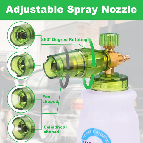 Car Wash Foam Cannon For Pressure Washer With Quarter Inch Quick Connect Dual Connector Shift Valve Built In Design Includes Five Nozzle Tips Works Up To 3000 PSI And 7 GPM Ideal For Deep Clean with adjustable spray nozzle and various spray settings.